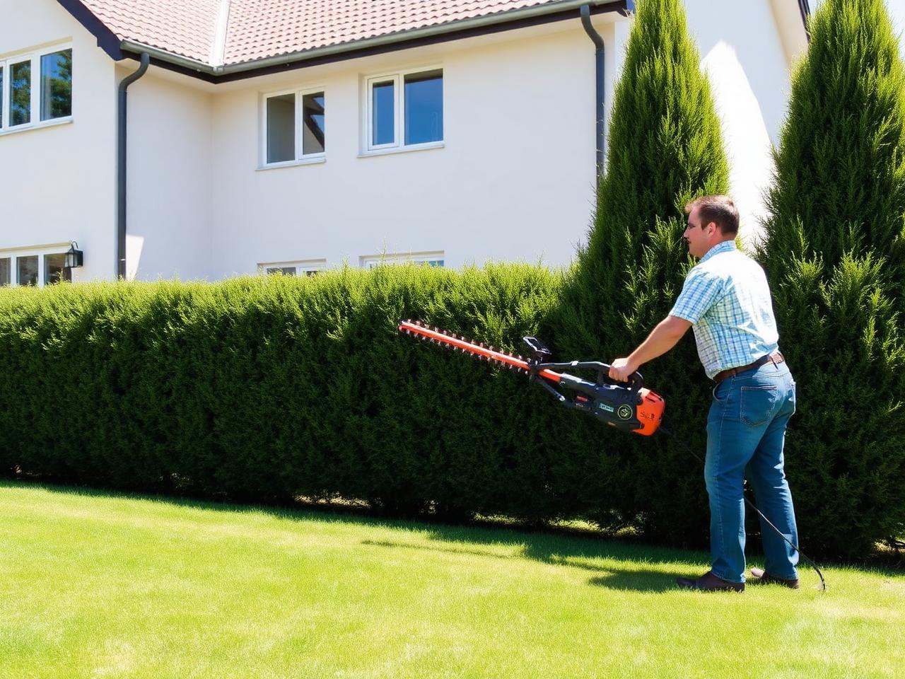 Gepflegter privater Garten mit Hecke und Rasen vor einem Wohnhaus in Landau