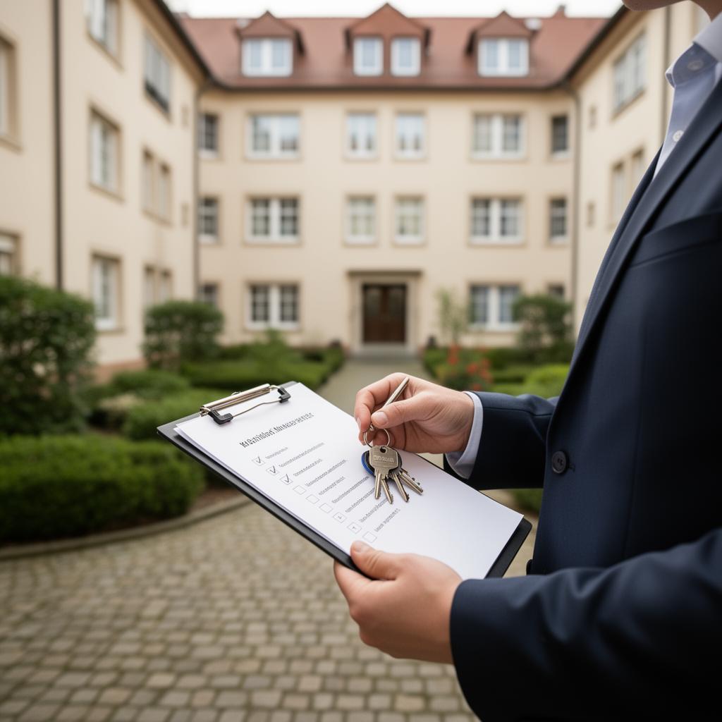 Hausverwalter mit Checkliste und Schlüsseln vor einer Liegenschaft
