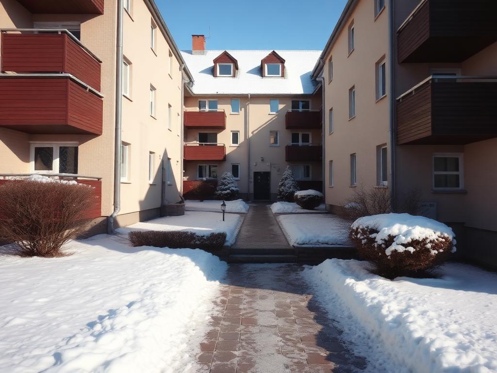 Geräumter Innenhof einer Wohnanlage mit Schnee an den Rändern