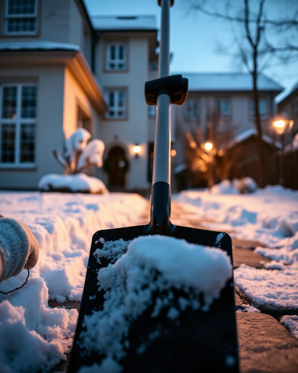 Schneeschaufel auf freigeräumtem Gehweg vor einem Wohnhaus in Landau am frühen Wintermorgen